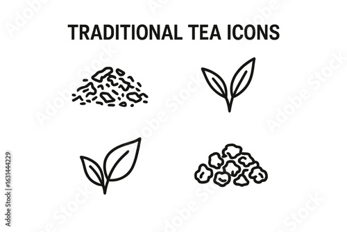 Traditional tea icons set. Outline vector symbols of loose leaf pile, fresh green tea leaf, dried black tea, and rolled oolong. Minimalist line art for beverages.