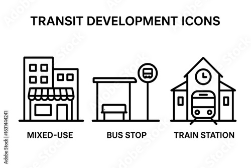 Transit development icon set. Urban planning line icons for transit-oriented development. Mixed-use building, bus stop, train station symbols. Public transport vector.