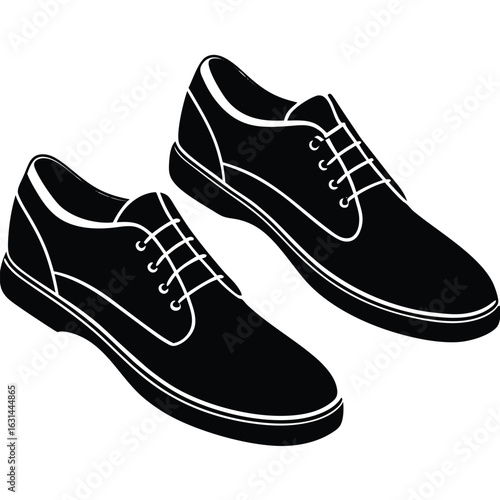 A collection of three pairs of black and white shoes, including loafers and lace-up sneakers, presented in a graphic illustration style.