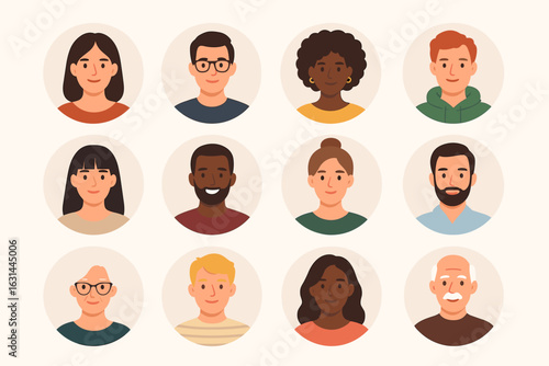 Diverse people avatars collection. Vector set of user profile pictures. Men and women faces of different ages and races. Multicultural team, community cartoon icons.