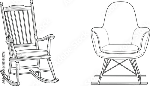 Flat vector drawing of vintage wooden rocking chair and modern upholstered rocking armchair, furniture design, line art illustration