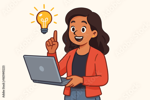 Businesswoman has a great idea. Female developer finds a solution. Creative thinking and innovation concept. Happy woman with laptop and light bulb. Insight and startup metaphor.