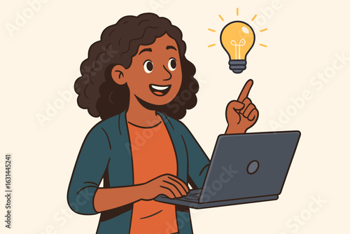Female developer with a great idea holding a laptop. Businesswoman character with a lightbulb for innovation, creativity, inspiration, and a business solution. Vector cartoon.