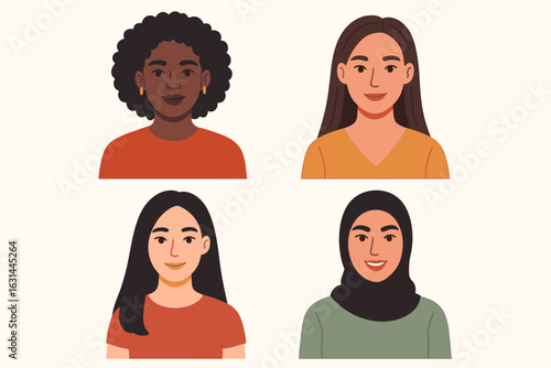 Women portrait collection. Set of diverse female characters. Multicultural faces. Different nationalities. Concept of race and ethnicity. Flat vector avatars illustration.