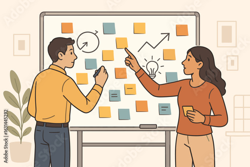Business team collaboration, people working on project strategy. Man and woman brainstorming, using whiteboard and sticky notes for problem solving and creative ideas.