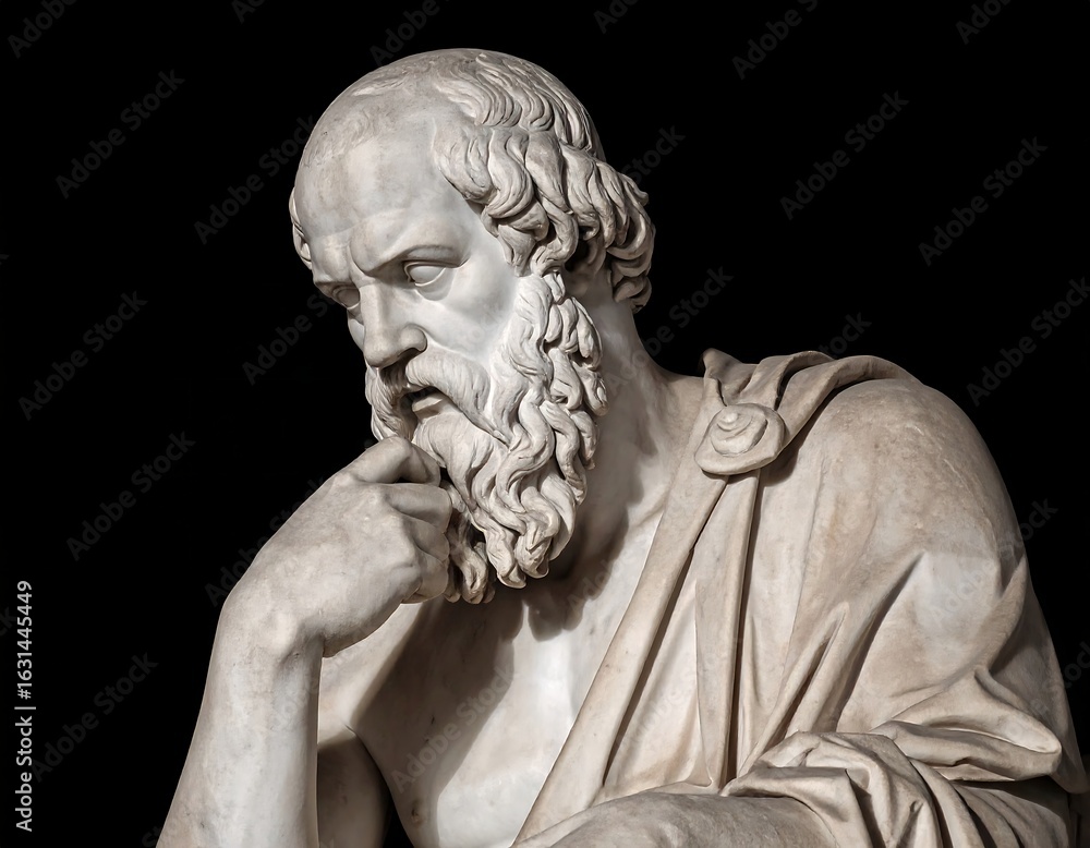 Fototapeta premium Close-up of a contemplative marble bust, showing detail in the face and drapery