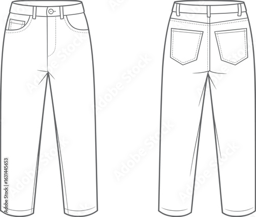 Flat cad drawing of men’s jeans pants front and back view, fashion technical sketch template, denim trousers vector illustration