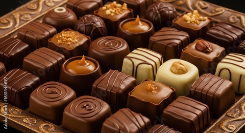 Chocolats artisanaux brillants lumineux palette riche saveurs exquises. AI Generated