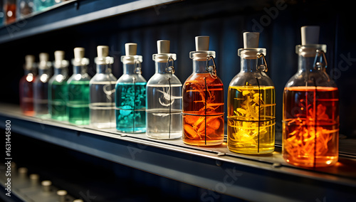 a fascinating close-up of laboratory glassware filled with vibrant golden fluids and emitting mesmerizing wisps of vapor against a blurred backdrop of scientific equipment creating a surreal