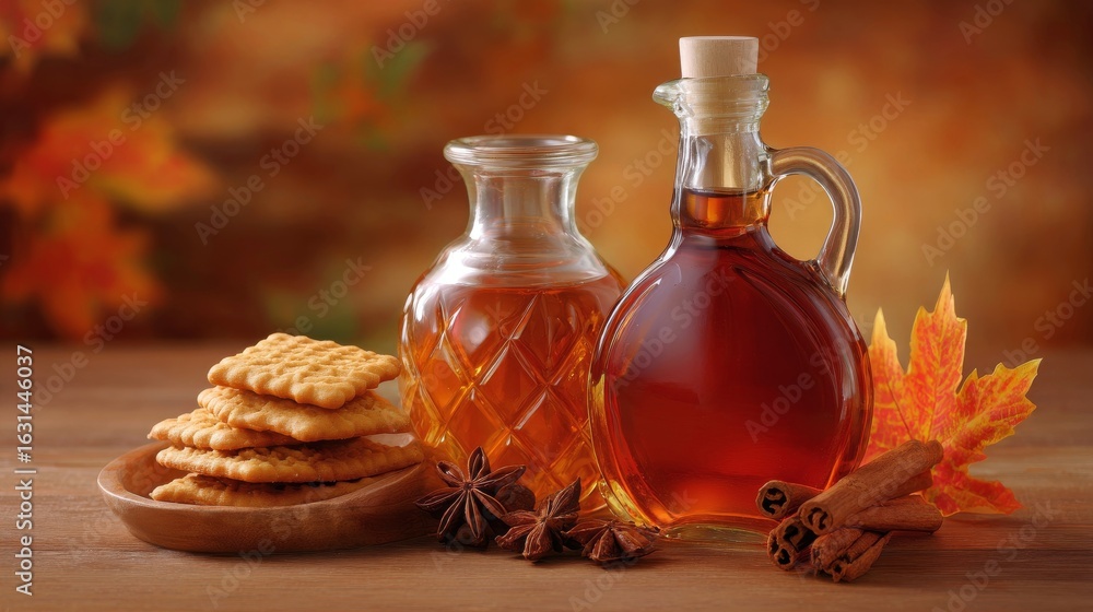 Fototapeta premium Fall-themed image of maple syrup, honey, cookies, star anise, cinnamon sticks, and fall foliage