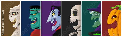 Halloween face set vampire zombie skull pumpkin witch monster skeleton