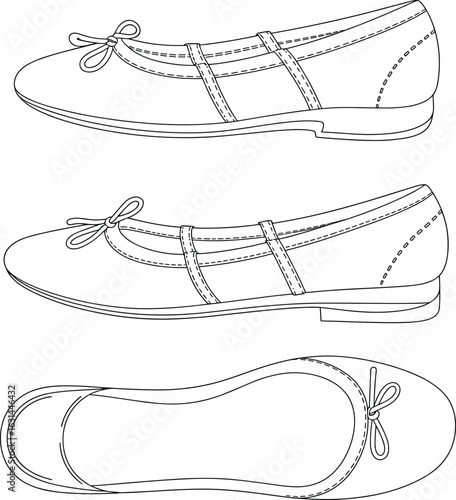 Ballet flats shoe vector template, front, side, top view, fashion footwear sketch, flat women shoes design mockup