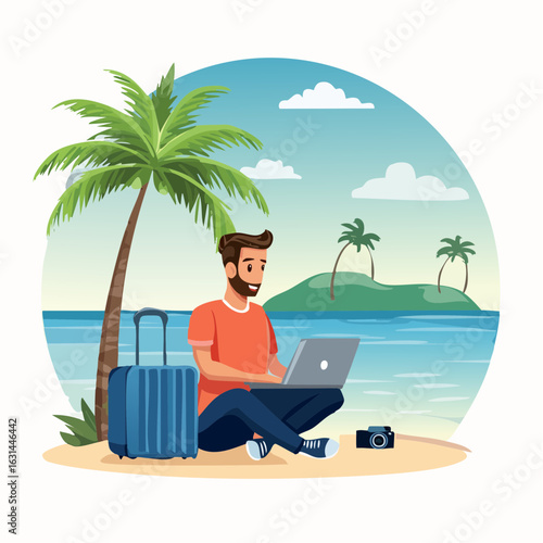 Colorful editable vector of a travel blogger working on a laptop with suitcase and camera beside, tropical destination background with palm trees and ocean