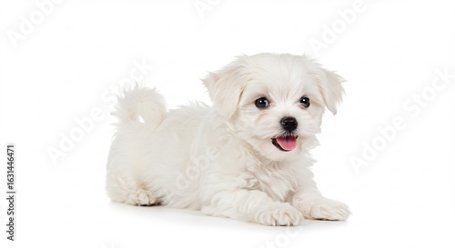 Chiot maltais adorable pose joyeux fond blanc lumiere douce. AI Generated