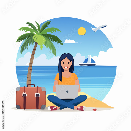 Colorful editable vector of a travel blogger working on a laptop with suitcase and camera beside, tropical destination background with palm trees and ocean