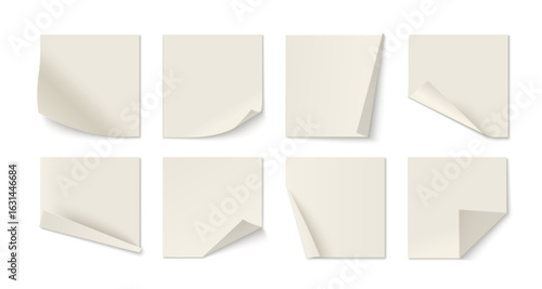White sticky note collection - blank memo sheets with curled corners, rolled edges, folded positions. Realistic adhesive paper squares for office reminders, message boards or desktop organization.
