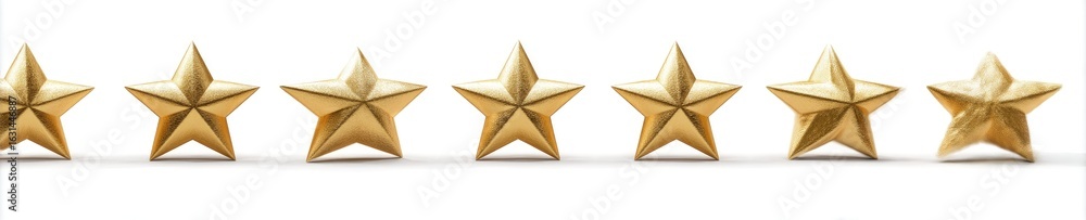 Fototapeta premium A row of five golden stars on a white background, top view, high-resolution photography.