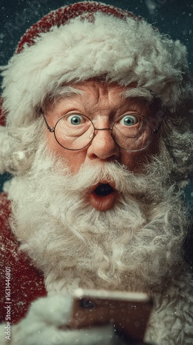 Santa Claus expressing surprise while reading a letter during a festive celebration in December