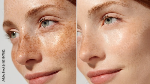 Split Face Comparison of a Caucasian Woman Before and After Skincare Treatment Showing Hyperpigmentation, Freckles, and Enlarged Pores on One Side and Smooth, Even-Toned Skin on the Other
