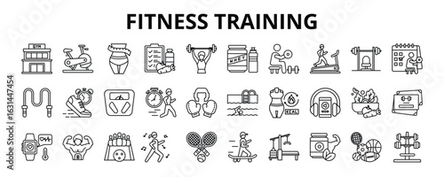 30 Fitness Training Line Icons Vector - Workout, exercise, training, sport, fitness, equipment, gym, body 