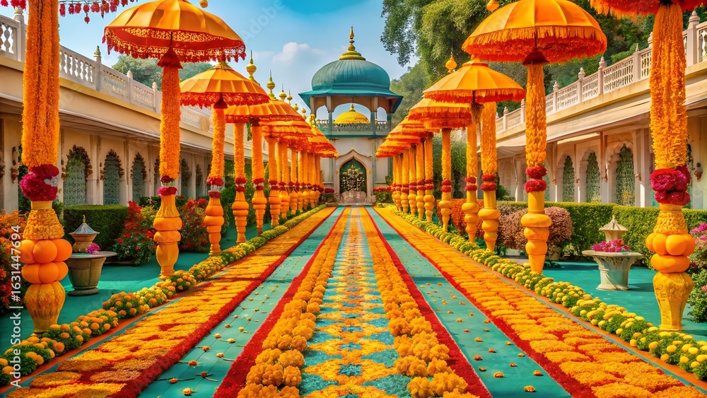 Fototapeta premium Vibrant Floral Pathway: Indian Wedding Decor, Luxurious Festive Setting, Bright Yellow and Orange Flowers, Ornate Umbrellas, Teal Accents.