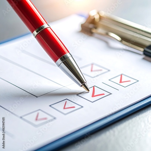 Red pen checking items on a checklist on a clipboard