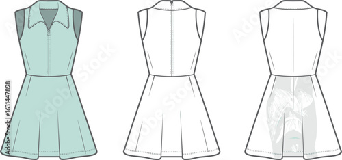 Sleeveless women’s shirt dress with pleated skirt, front and back view, technical flat fashion sketch, vector garment design for clothing production, apparel illustration template.

Art & Illustration