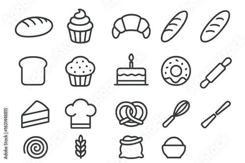 Linear bakery and pastry icons collection — bread loaf, croissant, cupcake, muffin, donut, baguette, pretzel, cake slice, chef hat, rolling pin, whisk, wheat, flour bag, baking tools vector set