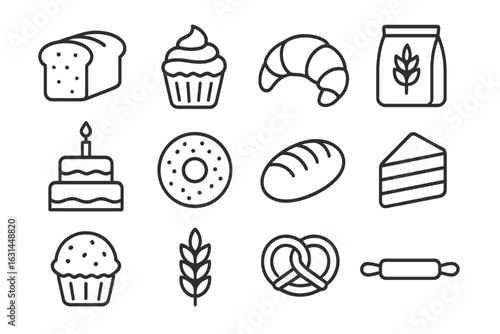 Linear bakery and pastry icon set on transparent background – sliced bread, cupcake, croissant, flour bag, birthday cake, donut, baguette, cake slice, muffin, wheat ear, pretzel, rolling pin