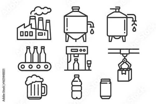 Beverage manufacturing and packaging line icons set, brewery factory, fermentation tanks, bottling conveyor, robotic palletizing, beer mug, water bottle, soda can, industrial drink production