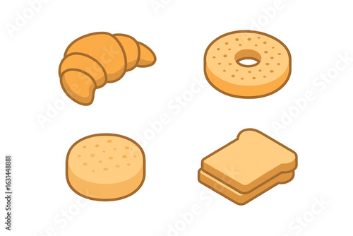 Isometric breakfast bread icons set—fresh croissant, sliced bagel, English muffin, stacked toast—vector illustration for bakery, café menu, morning meal concepts, pastry infographic design