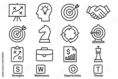 Flat outline business strategy icon set with SWOT analysis chess knight target arrow handshake cycle planning board briefcase chart transparent background vector illustration