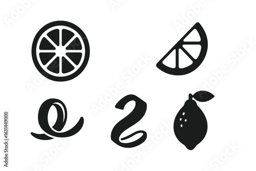 Solid black citrus garnish icon set showing lemon wheel slice, lime wedge segment, orange peel twist, grapefruit spiral zest and whole citron fruit silhouette, modern vector illustration