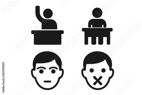 Classroom behavior icons set with solid filled style, including raise hand, sitting student, focused eyes, closed mouth, educational cues for school and teaching vector illustration