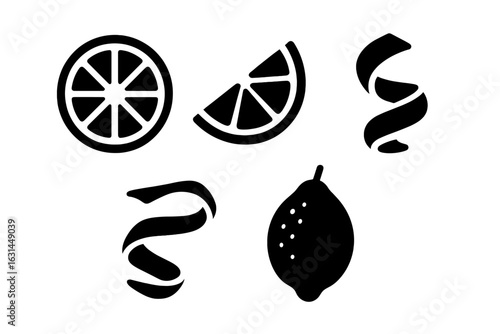 Solid black citrus garnish icon set – lemon wheel slice, lime wedge, orange spiral twist peel, grapefruit rind curl, whole citron fruit silhouette vector illustration for cocktail bar menus