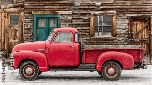 Vintage red pickup truck parked by a weathered wooden building
