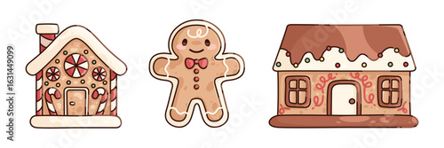 Gingerbread house collection - candy home with peppermint wheels, chocolate cottage with frosting sprinkles on roof and smiling man with bowtie and buttons, for Christmas holiday baking designs.