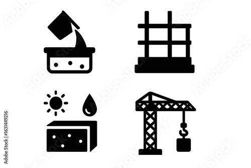 Construction Stages Icons Set. Solid Filled Vector of Foundation Pouring, Steel Framework Assembly, Concrete Curing Process, Tower Crane Equipment. Building Construction Phases Symbols Isolated