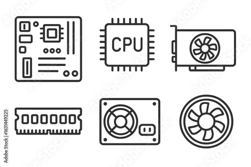Outline icons set of computer hardware components – motherboard, CPU chip, GPU video card, RAM memory stick, power supply unit, cooling fan. Modern linear style vector illustration.