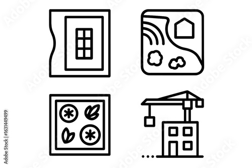 Drone aerial icon collection – thin line birds-eye map symbols showing building facade, site masterplan, landscape plan, rooftop garden plots, urban construction crane, printable isolated vector set