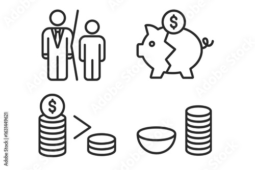 Economic inequality outline icons set. Rich and poor gap symbol, cracked piggy bank savings loss, wealth disparity stacks of coins versus empty bowl, social issues finance crisis vector illustration