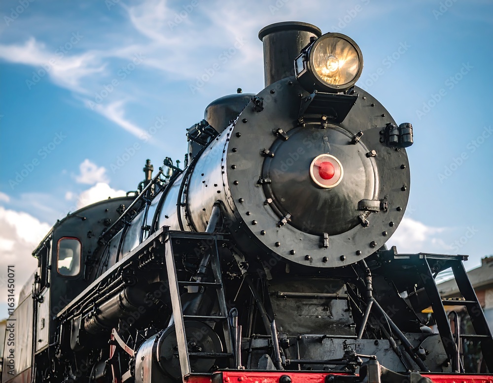 Naklejka premium Close-up of a vintage steam locomotive's front, under a partly cloudy sky