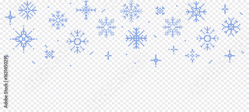 Pixel snowflake border winter falling snow retro pixilated 8 bit game stamp. Y2k snow divider, minimal and simple. Holiday flake ornament. Simple crystal ornament