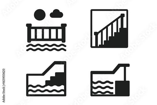 Minimalist balcony railing, staircase, and pool edge icons – solid filled vector symbols for seaside terrace, indoor steps safety barrier, infinity swimming pool water level control design