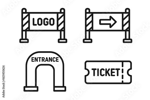 Event barricade sponsor signage icons set—outline vector of logo panel, directional arrow fence, inflatable entrance archway, ticket stub for festival or concert branding and wayfinding