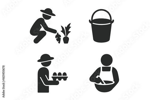 Solid farm-to-table process glyph icons set of farmer picking carrot crop, water pail bucket, rancher carrying egg tray, cook stirring bowl. Black agricultural food production vector illustration