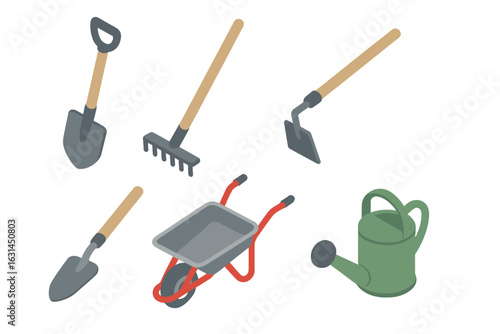 Isometric garden tools icon set: spade, shovel, hoe, rake, hand trowel, wheelbarrow, green watering can. Vector illustration for landscaping, horticulture, agriculture equipment, DIY yard care