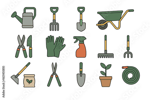 Gardening tools flat icons collection – watering can, pruners, trowel, rake, wheelbarrow, gloves, hose, seedlings, seeds bag, spray bottle for yard care, landscaping, farming, horticulture