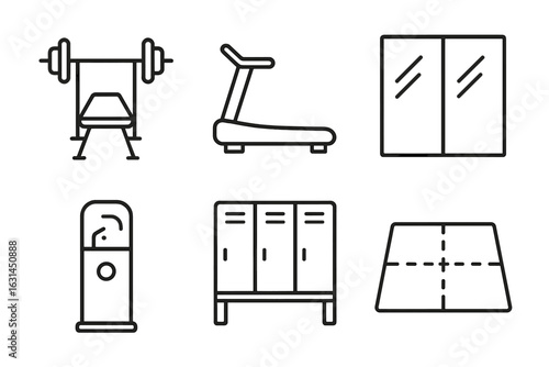 Fitness center outline icon bundle – weight bench press rack, treadmill machine, full-length studio mirror, drinking fountain, locker room cabinet, indoor court floor – minimalist editable vector set