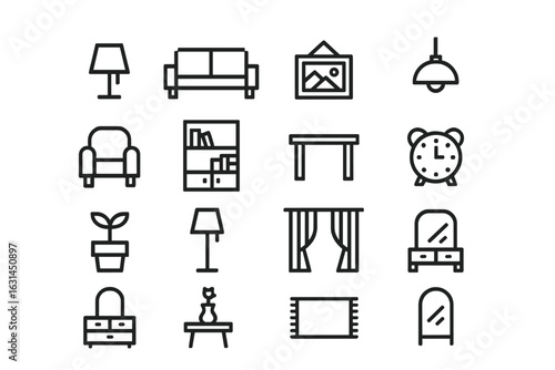 Minimalist home decor outline icon set showing sofa, armchair, bookshelf, desk, lamp, pendant light, clock, vanity, curtains, rug, potted plant and mirror isolated on transparent background
